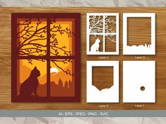 the silhouettes of cats and dogs are shown in this paper cutout set, which includes