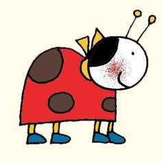 a drawing of a ladybug wearing blue shoes and a red shirt with black spots