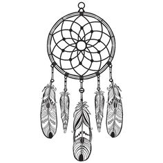 a black and white drawing of a dream catcher with feathers hanging from it's sides