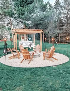 an outdoor patio with chairs and a fire pit