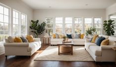 a living room filled with white couches and lots of windows next to a wooden floor