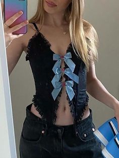 Style: Casual/Street/Vintage/Sweet/Y2K/Preppy Fabric Content: Polyester Fit Type: Slim Fit Neckline: V-Neck Sleeve Length: Sleeveless Bow Cutout, Coquette Blue, Bow Crop Tops, Flirty Outfits, Black Suspenders, Slim Vest, Fishnet Top, Black Cami Top