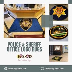 police and sheriff office logo rugs are on display in this advertisement for the department