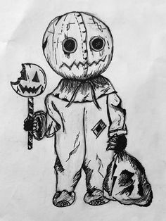 a drawing of a scarecrow holding a jack - o - lantern and a bag