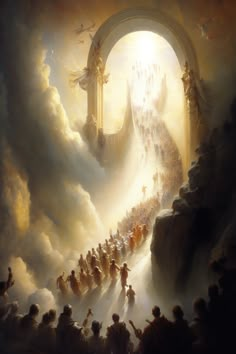 a painting of many people walking through a tunnel in the sky with clouds and light coming from it