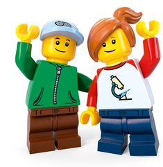 two legos are standing next to each other with their hands up in the air