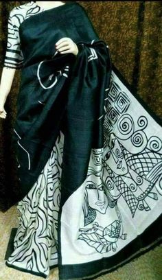 Kerala Cotton Saree, Sari Design, Cotton Saree Designs, Elegant Fashion Wear, Hand Painted Sarees, Kalamkari Saree, Black Saree, Painted Silk, Elegant Saree