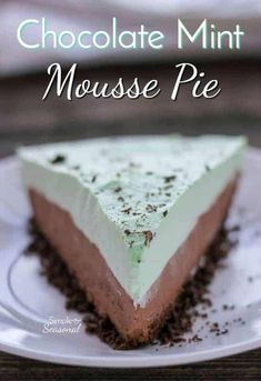 a piece of chocolate mint mousse pie on a white plate with the title above it