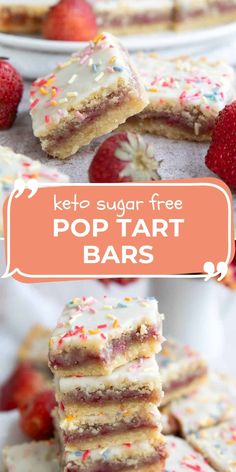 keto sugar free pop tart bars stacked on top of each other with strawberries in the background