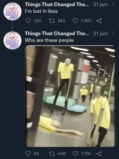 two mannequins in yellow shirts standing next to each other