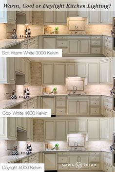 the kitchen cabinets are all white and have different lighting options for them to match their color scheme