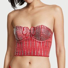 Victorias Secret Dream Angels Rhinestone Shine Lightly Lined Embellished Bow Bustier Red With Rhinestones Never Used ~ New With Manufacturer's Tag Packaging Attached Festive And Flirty. This Stunning Long Line Bra With Allover Gem Details, Plus An Accent Bow At Center Frontwear It In Or Out For Your Moment To Shine. Lightly-Lined Underwire Adjustable Straps Hook-And-Eye Closures At Back Hand Wash Glamorous Rhinestone Corset For Night Out, Red Underwire Corset For Party, Red Summer Evening Corset, Elegant Victoria's Secret Party Corset, Victoria's Secret Red Top For Party, Victoria's Secret Corset For Evening, Victoria's Secret Corset For Night Out, Red Evening Corset, Red Strapless Evening Top