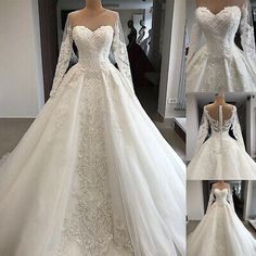 wedding dress with long sleeves on mannequins and beaded lace, in white