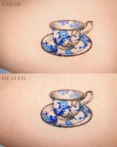 two pictures of the same tea cup and saucer on each side of the stomach