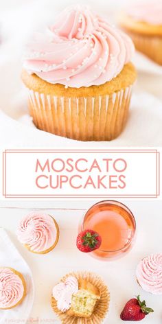 a cupcake with pink frosting and strawberries next to it on a white surface