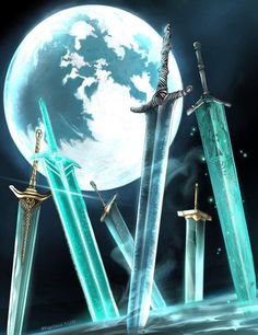 three swords are standing in front of a full moon