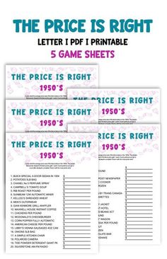 the price is right printable game sheets for children's birthday party or baby shower