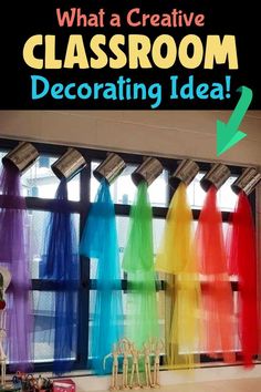 colorful classroom decor with text overlay that reads what a creative classroom decorating idea