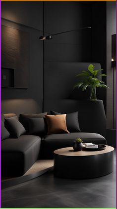 a modern living room with black walls and leather furniture, including a round coffee table