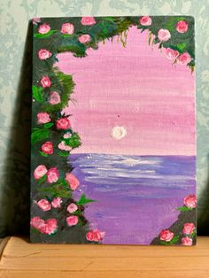 an acrylic painting of pink roses on a purple background with the moon in the distance