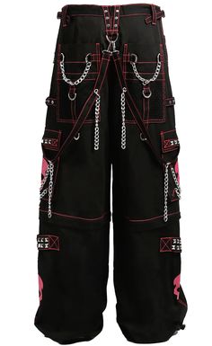 Accept no imitations! From the originator of all things DarkStreet, these black and pink studded pants zip off into shorts (★≧▽^))★☆. They feature two skulls on each leg, removable chains, adjustable ankles, D-rings, and deep pockets. – Drawstring and adjustable waist buckles allow for a tighter fit on the waist. 100% Cotton. Waist measurements are based on the waistband's full extension - that is the maximum inches that the waist will extend to. MODEL IS WEARING X-SMALL SIZE WAIST (Fully Extend Scorpio Aesthetic Outfit Male, Shorts With Chains, Clothing Grunge, Trippy Pants, Emo Clothes Women, Scene Core Clothes, Punk Cargo Pants, Hot Pink Punk Outfits, Pink Rocker Outfit