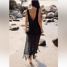 Brand New With Tags Large But Could Fit Smaller Sizes As More Oversized Crochet Cover Up Dress, Fringe Crochet, Crochet Cover, Crochet Cover Up, Zara New, Black Fringe, Cover Up Dress, Zara Black, Zara Dresses