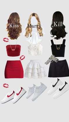 four different types of clothes and shoes with the words kiss marry written on them in black,