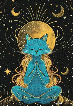 a blue cat sitting in the middle of a lotus pose with stars and moon behind it