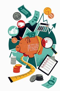 a pig with the words mutual fund surrounded by money, coins and calculators