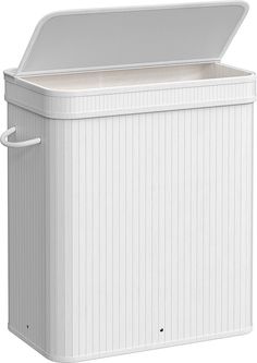 a white plastic storage box with lid and handles on an isolated background, front view