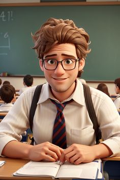 a cartoon character sitting at a desk in front of a chalkboard