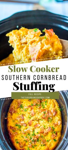 slow cooker southern cornbread stuffing in a crock pot with text overlay