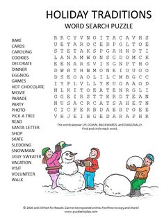 a holiday word search puzzle with children building a snowman