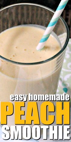 an easy homemade peach smoothie is in a glass with a blue and white striped straw