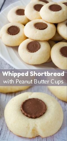 peanut butter shortbread cookies with chocolate frosting on top and the words, whipped shortbread with peanut butter cups