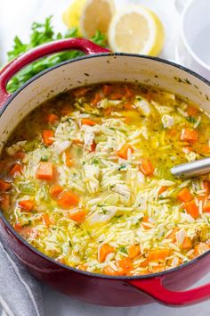 a red pot filled with chicken noodle soup and garnished with parsley