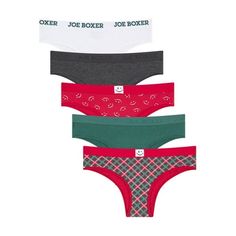 Give the gift of cuteness & comfort (or keep them for yourself!) This 5-pack Women's Holiday Tanga Panty set makes for the perfect stocking stuffer. Crafted with breathable cotton and added stretch that makes for perfect comfort. Designed with 3 solids, and 2 prints to make any outfit more festive! This bikini has branded Joe Boxer Logo comfort elastic. Added bonus to this already awesome set is the Zippered Joe Boxer MakeUp bag. Size: L.  Color: Multicolor.  Gender: unisex.  Age Group: adult.