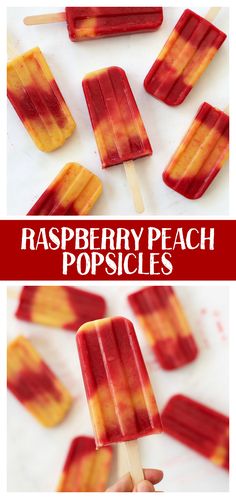 raspberry peach popsicles on a stick with text overlay that reads,