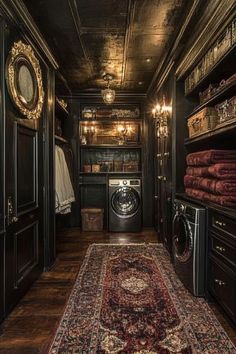 Victorian elegance and western roughness blend beautifully in this Western Gothic laundry room. Ornate mirrors and sconces offer a gothic touch, while leather and wood bring in a frontier feel. Velvet adds a refined softness, making it the perfect mix of sophistication and rugged spirit. Tap for more Western Gothic laundry room inspiration! Whimsigoth Laundry Room, Moody Laundry Room Ideas, Gothic Laundry Room, Victorian Laundry Room, Ginger Rabbit, Moody Laundry Room, Mirrors And Sconces, Dark Wood Shelves