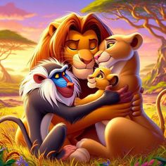 the lion and cub are hugging each other