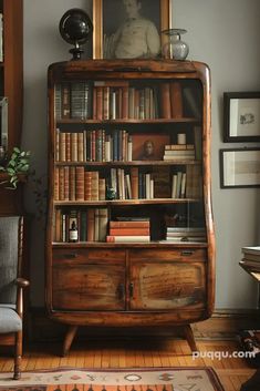 an old wooden bookcase with many books on it