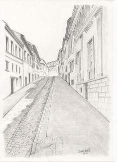 a pencil drawing of an empty street with buildings on both sides and one person walking down the street