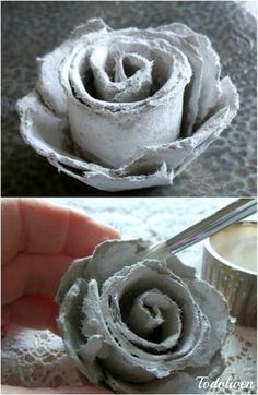 two pictures show how to make an artificial flower out of toilet paper, and then it is frosted with icing