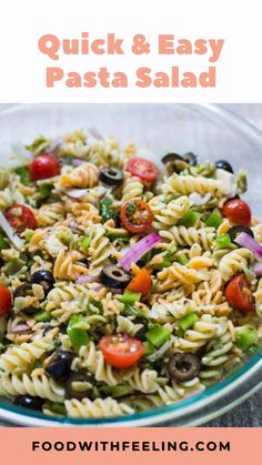 pasta salad in a glass bowl with text overlay