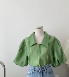 Green Shirt Korean Outfit, Korean Tops Blouse, Green Vintage Cotton Blouse, Puff Sleeve Blouse Korean Outfit, Vintage Green Collared Blouse, Korean Shirts, Trendy Fashion Tops, Simple Shirts, Designs For Dresses