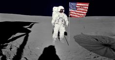 an astronaut standing on the moon holding a flag