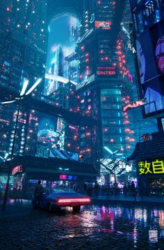 a futuristic city at night with neon lights and cars driving on the street in front of tall buildings