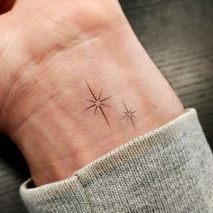 a small wrist tattoo with three stars on the top and bottom of it, in black ink