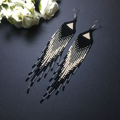 Black Fringe Earrings, Elegant Beaded Earrings For Summer Party, Elegant Summer Beaded Drop Earrings, Elegant Beaded Fringe Chandelier Earrings, Elegant Beaded Fringe Dangle Chandelier Earrings, Elegant Beaded Fringe Dangle Jewelry, Elegant Long Drop Handmade Tassel Earrings, Elegant Handmade Long Drop Tassel Earrings, Elegant Beaded Fringe Jewelry