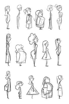 various sketches of people standing and sitting in front of each other, all looking at something